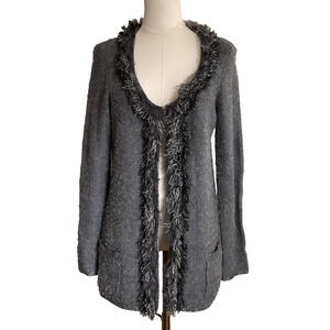 Elie Tahari Womens Small Gray Cardigan Round Neck Fringe Trim Open Front‎ Whimsy